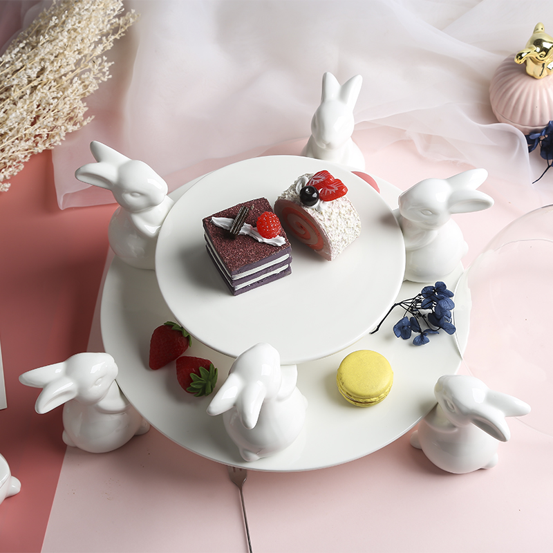 Cake Board Round - White Ceramic Rabbit Dessert Plate Porcelain